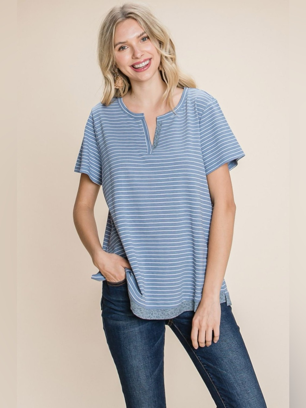 Cotton Bleu by Nu Lab Slit Striped Notched Short Sleeve T-Shirt